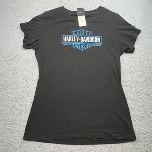 Harley-Davidson Shirt Womens Medium Black Bar Shield Laramie Wyoming Biker USA